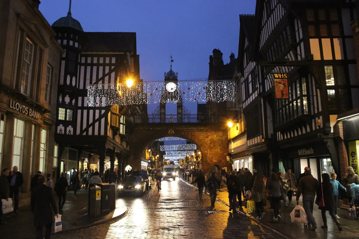 Eastgate Street and the Eastgate Clock, on Chester's two-mile walls circuit